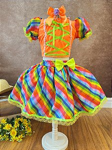 Conjunto Meninas Junino Cropped Laranja com Mini Saia Colorida
