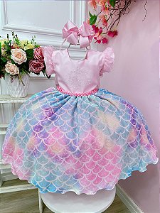 Vestido Infantil Rosa Colorido Escamas Sereia Tay Day