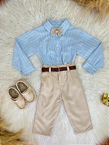 Conjunto Infantil Camisa Azul e Calça Bege Cinto