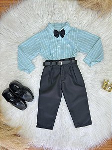 Conjunto Infantil Camisa Verde e Calça Preta Cinto