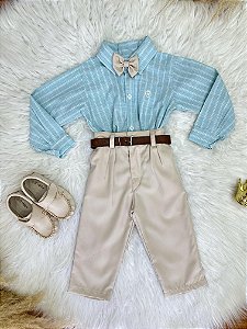 Conjunto Infantil Camisa Verde e Calça Bege Cinto