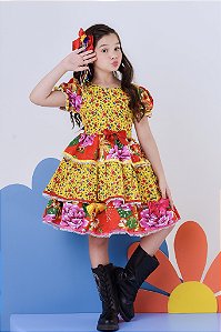 Vestido Infantil Junino Amarelo Colorido Florzinhas Festas