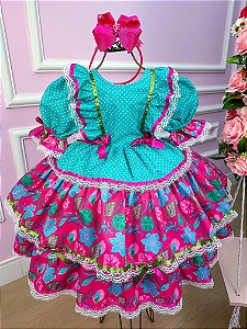 Vestido Infantil Junino Quadrilha Flor do Sertão Luxo Verde Tiffany