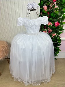 Vestido Longo Daminha Branco Laura Peito Rendado