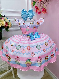 Vestido Infantil Rosa Mundo dos Doces Confeitaria C/ Broche