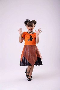 Fantasia Halloween Menina Bruxinha Laranja Dia das Crianças
