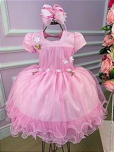 Vestido Infantil Rosa Bebe Jardim Encantado Festa Luxo Alice