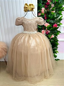 Vestido Longo Daminha Dourado Laura Peito Rendado