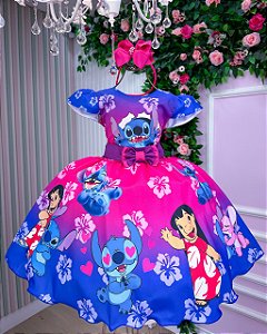 Vestido Infantil Stitch e Lilo Menina Festa Azul Luxo