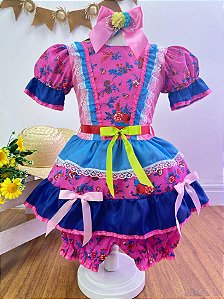 Fantasia Infantil Junino Rosa e Azul Florzinhas Coloridas