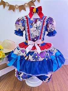 Fantasia Infantil Junino Azul e Vermelho Flores Coloridas