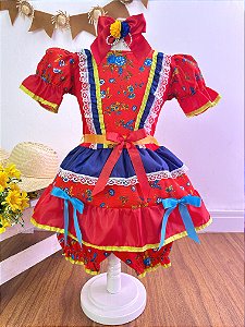 Fantasia Infantil Junino Vermelho Florzinhas Coloridas