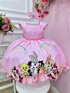Vestido Infantil Baby Looney Tunes Rosa Laço Festas