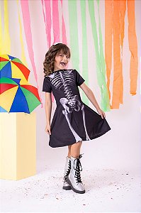 Fantasia Halloween Menina Esqueleto com Tiara Infantil
