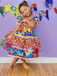 Vestido Infantil Junino Arraiá Florido Colorido Festas