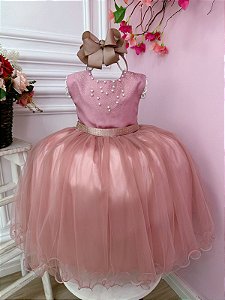 Vestido Infantil Rose Strass Pérolas Damas Luxo