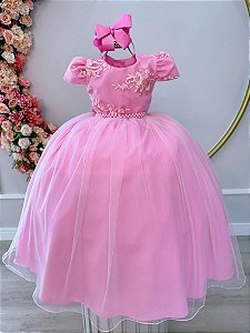 Vestido Infantil Rosa Daminhas Renda e Cinto de Pérolas