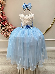 Vestido Infantil Off White Saia Azul Claro Renda e Broche