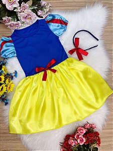 Vestido Infantil Branca de Neve Amarelo Com Tiara Luxo