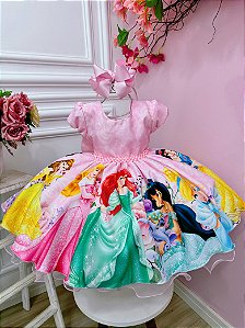 Vestido Infantil Princesas Disney Florido Pérolas Rosa Festas