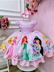 Vestido Infantil Rosa das Princesas Disney Busto Strass Luxo