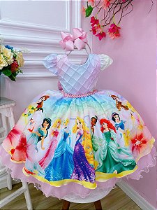 Vestido Infantil Rosa Princesas Disney Peito Nervura Cinto Pérolas