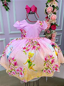 Kit Vestido Infantil Tinker Bell Rosa Fadas e Asa Borboletas
