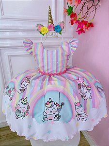 Vestido Infantil Branco Unicórnio Baby Listras Coloridas
