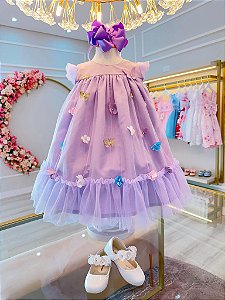 Vestido Infantil Lilás Jardim Encantado Borboletas Luxo