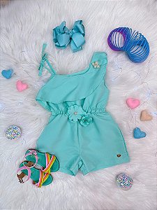 Macaquinho Verde Infantil Broche e Apliques Flores