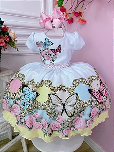 Vestido Infantil Jardim das Borboletas Encantado Pérolas