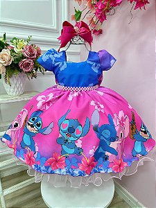 Vestido Infantil Stitch e Lilo Azul Luxo Menina Festa