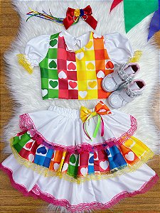 Conjunto Meninas Junino Cropped Colorido Branco Mini Saia