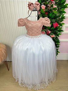 Vestido Dama de Honra Rose Longo Mari Peito Rendado Saia Branca