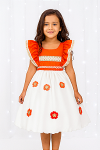 Vestido Infantil Moana Laranja Apliques Flores Festas