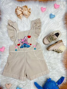 Macaquinho Jardineira Infantil Bege Lilo e Stitch Super Luxo