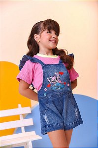 Macaquinho Jardineira Infantil Jeans Lilo e Stitch Luxo