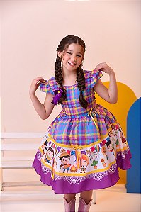 Vestido Infantil Junino Luxo Xadrez Lilás Fogueira Festa São João
