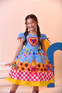 Vestido Infantil Junino Luxo Azul Girassol Colorido