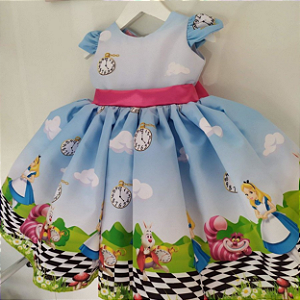 Vestido da Alice no país das Maravilhas Azul Infantil Festa Luxo