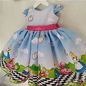 Vestido da Alice no país das Maravilhas Azul Infantil Festa Luxo