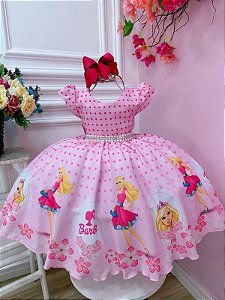 Vestido infantil Barbie Rosa Cinto de Pérolas e Strass