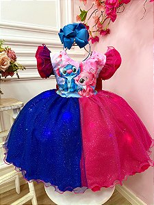 Vestido Infantil Stitch Angel Pink Azul Glitter Led Colorido