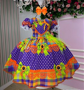 Vestido Junino Luxo Roxo e Laranja Arraia do Coração Roxo