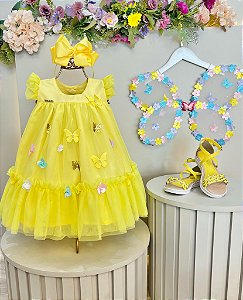 Vestido Infantil Amarelo Jardim Encantado Renda Festa Luxo