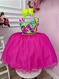 Vestido Infantil Colorido Neon Saia Pink e Glitter