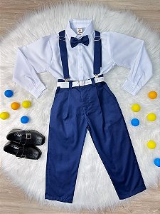 Conjunto Social Camisa Calça Gravata e Susp. Azul Marinho