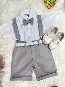 Conjunto Social Camisa Branca e Short Susp. Gravata Cinza