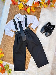 Conjunto Social Camisa Branca Calça Susp. e Gravata Preta