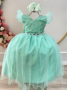 Vestido Infantil Longo Verde Apliques e Renda Damas Festas